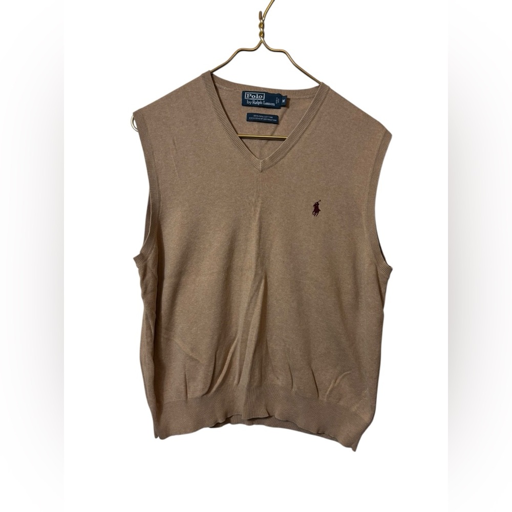 Polo by Ralph Lauren Tan V-Neck Knit Vest with Maroon Logo